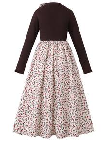 SHEIN Back To School Tween Girls Purple Floral Print Long Sleeve Round Neck High Waist A-Line Dress - Brown - View 2