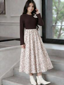 SHEIN Back To School Tween Girls Purple Floral Print Long Sleeve Round Neck High Waist A-Line Dress - Brown - View 11