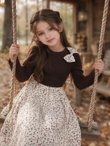 SHEIN Back To School Tween Girls Purple Floral Print Long Sleeve Round Neck High Waist A-Line Dress - Brown - View 1