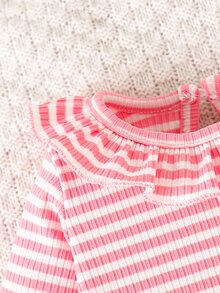 SHEIN Newborn Baby Girl Red And White Stripe Knitted Cartoon Cherry Print Lotus Collar Long Sleeved Top Pants Cute Sweet Elegant Fall Family Matching - Baby Pink - View 5