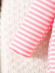 SHEIN Newborn Baby Girl Red And White Stripe Knitted Cartoon Cherry Print Lotus Collar Long Sleeved Top Pants Cute Sweet Elegant Fall Family Matching - Baby Pink - View 7