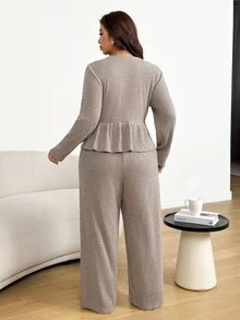 Shapeblank Women's Plus-Size Apricot Two Pieces Set: Stylish, Casual, Stretchy, And Warm Smock-Style Top & Wide-Leg Pants (Autumn/Winter),Fall Outfits,Winter Set - Khaki - View 3