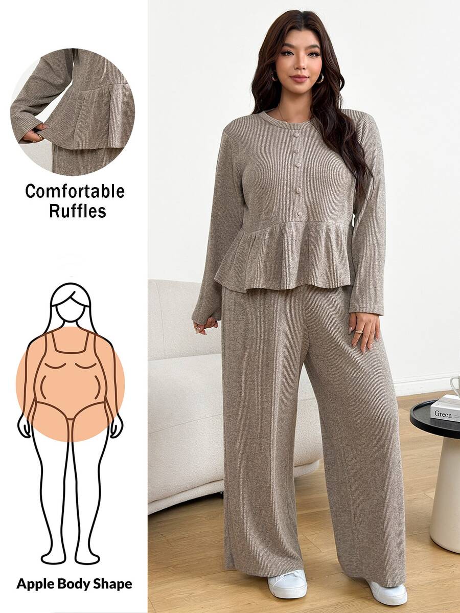 Shapeblank Women's Plus-Size Apricot Two Pieces Set: Stylish, Casual, Stretchy, And Warm Smock-Style Top & Wide-Leg Pants (Autumn/Winter),Fall Outfits,Winter Set - Khaki - View 1
