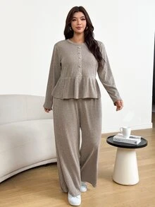 Shapeblank Women's Plus-Size Apricot Two Pieces Set: Stylish, Casual, Stretchy, And Warm Smock-Style Top & Wide-Leg Pants (Autumn/Winter),Fall Outfits,Winter Set - Khaki - View 2