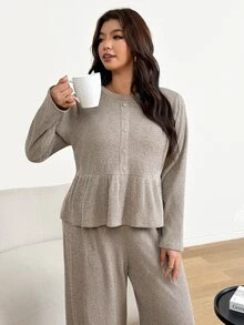 Shapeblank Women's Plus-Size Apricot Two Pieces Set: Stylish, Casual, Stretchy, And Warm Smock-Style Top & Wide-Leg Pants (Autumn/Winter),Fall Outfits,Winter Set - Khaki - View 4