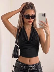 SHEIN ICON Women Scoop Neck Sleeveless Cropped Y2K Red Sexy Top, Stylish Plain Color - Black - View 1