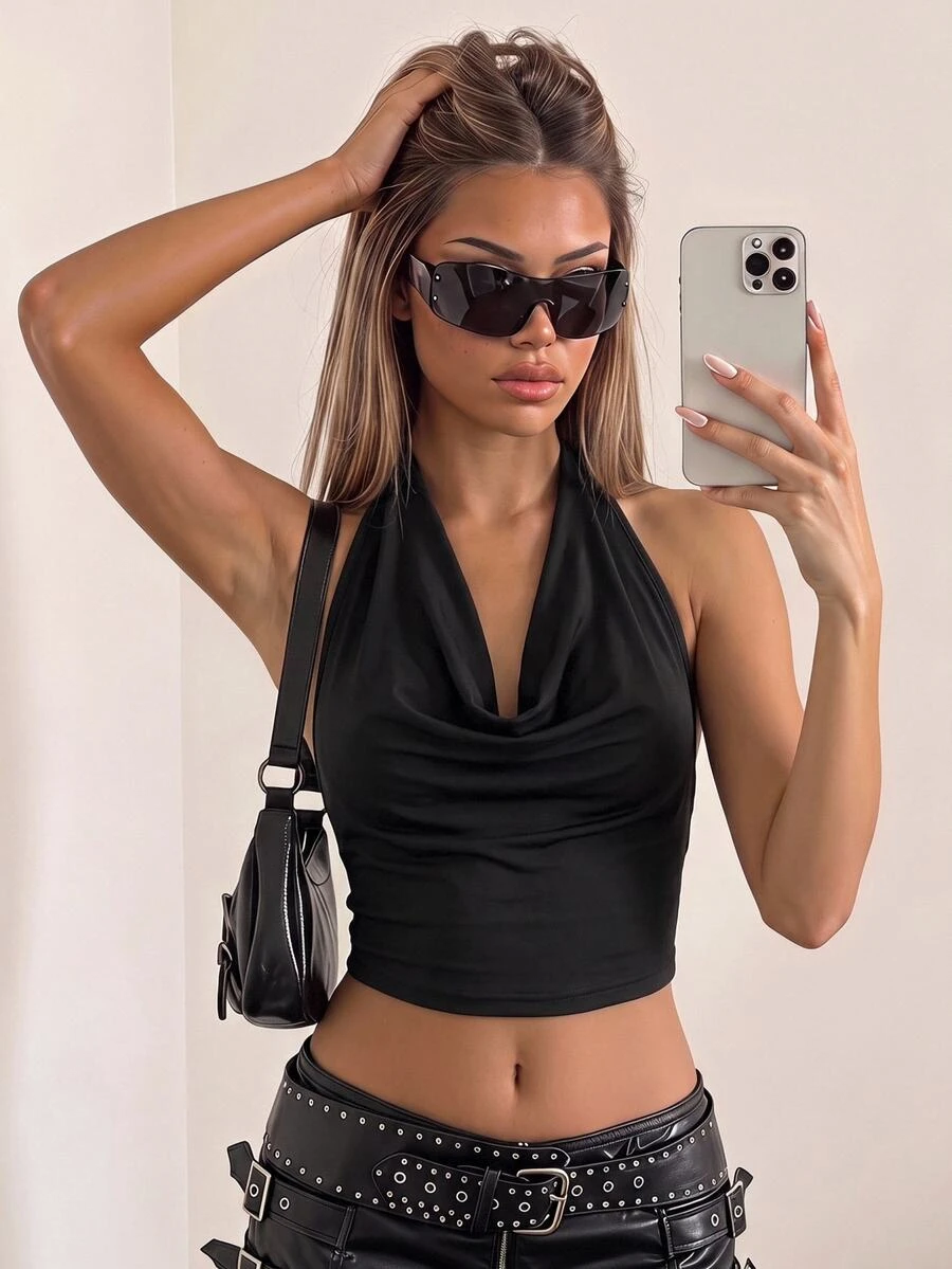 SHEIN ICON Women Scoop Neck Sleeveless Cropped Y2K Red Sexy Top, Stylish Plain Color - Black - View 1
