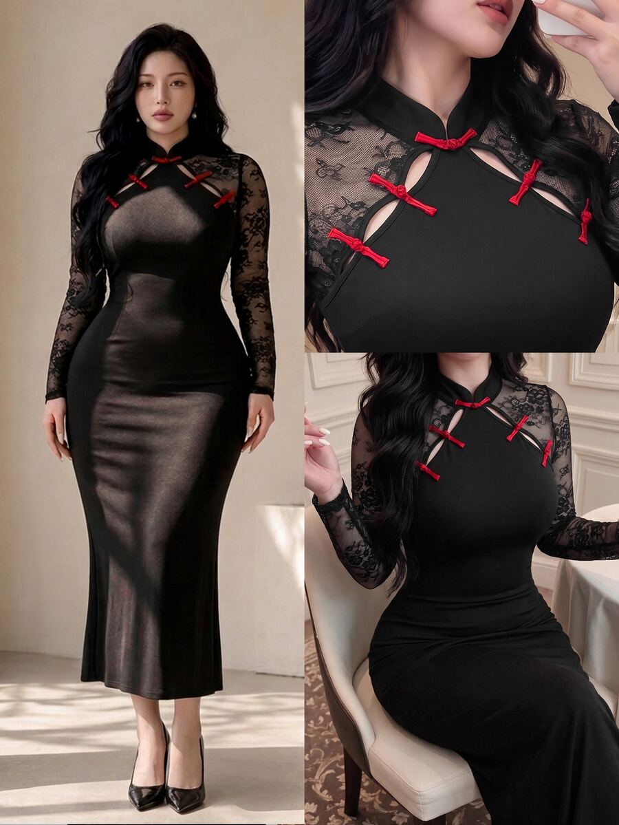 Vibekara Plus Size Women Lace Patchwork Elegant Waist-Cinching Party Dress Fall - Black - View 1