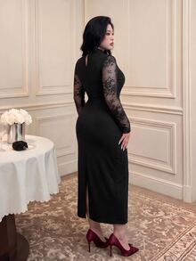 Vibekara Plus Size Women Lace Patchwork Elegant Waist-Cinching Party Dress Fall - Black - View 2