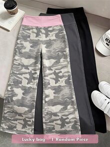 SHEIN 青少年女孩迷彩印花寬腿運動褲 白色折疊對比腰頭 休閒 Y2K 寬鬆舒適保暖長褲 秋冬校園穿搭 - 彩色 - 查看 1