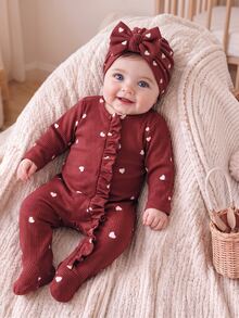 SHEIN 2pcs Newborn Baby Girl Footed Romper Cute Sweet Wine Red Heart Ruffle Ribbed Long Sleeve Round Neck Regular Christmas Party Fall Navidad Pull Bow Hat - Burgundy - View 2