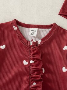 SHEIN 2pcs Newborn Baby Girl Footed Romper Cute Sweet Wine Red Heart Ruffle Ribbed Long Sleeve Round Neck Regular Christmas Party Fall Navidad Pull Bow Hat - Burgundy - View 6