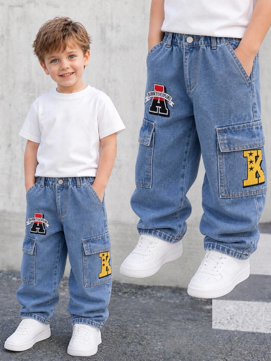 SHEIN Genkimix Kids 男童街頭風休閒拼色對比縫線寬鬆直筒百搭工裝牛仔褲 秋冬款 - 中等水洗藍 - 查看 1
