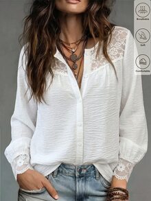 Glimmora Women's Autumn/Winter New Hot-Selling Lace Trim Patchwork Casual Versatile Blouse - White - View 3