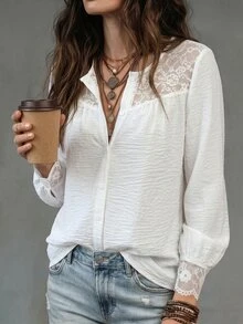 Glimmora Women's Autumn/Winter New Hot-Selling Lace Trim Patchwork Casual Versatile Blouse - White - View 5