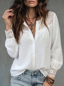 Glimmora Women's Autumn/Winter New Hot-Selling Lace Trim Patchwork Casual Versatile Blouse - White - View 4