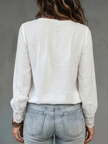 Glimmora Women's Autumn/Winter New Hot-Selling Lace Trim Patchwork Casual Versatile Blouse - White - View 2