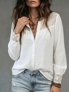 Glimmora Women's Autumn/Winter New Hot-Selling Lace Trim Patchwork Casual Versatile Blouse - White - View 7