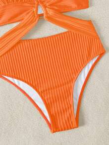 SHEIN Swim 2026 Spring/Summer Solid Orange & Silver Circular Ring Criss-Cross Deep V-Neck Sexy Backless Crop Top Bikini Swimsuit - Orange - View 8