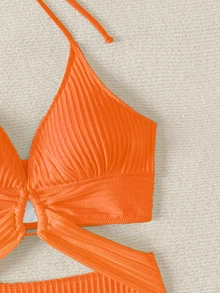 SHEIN Swim 2026 Spring/Summer Solid Orange & Silver Circular Ring Criss-Cross Deep V-Neck Sexy Backless Crop Top Bikini Swimsuit - Orange - View 7