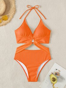 SHEIN Swim 2026 Spring/Summer Solid Orange & Silver Circular Ring Criss-Cross Deep V-Neck Sexy Backless Crop Top Bikini Swimsuit - Orange - View 2