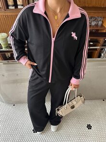 Muchica 大尺碼女款側條紋前拉鍊運動衫與長褲休閒兩件套 - 黑色 - 查看 5