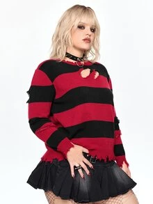 ROMWE Avant Áo len chui đầu ngắn nữ size lớn họa tiết sọc Halloween, thiết kế bất đối xứng, chi tiết mài rách - màu đen - Xem 4