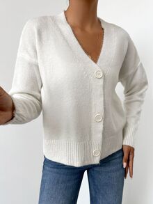 SHEIN كارديجان نسائي مقاس صغير بأكتاف منسدلة وأزرار أمامية بلون موحد كاجوال - أبيض - مشاهدة 9