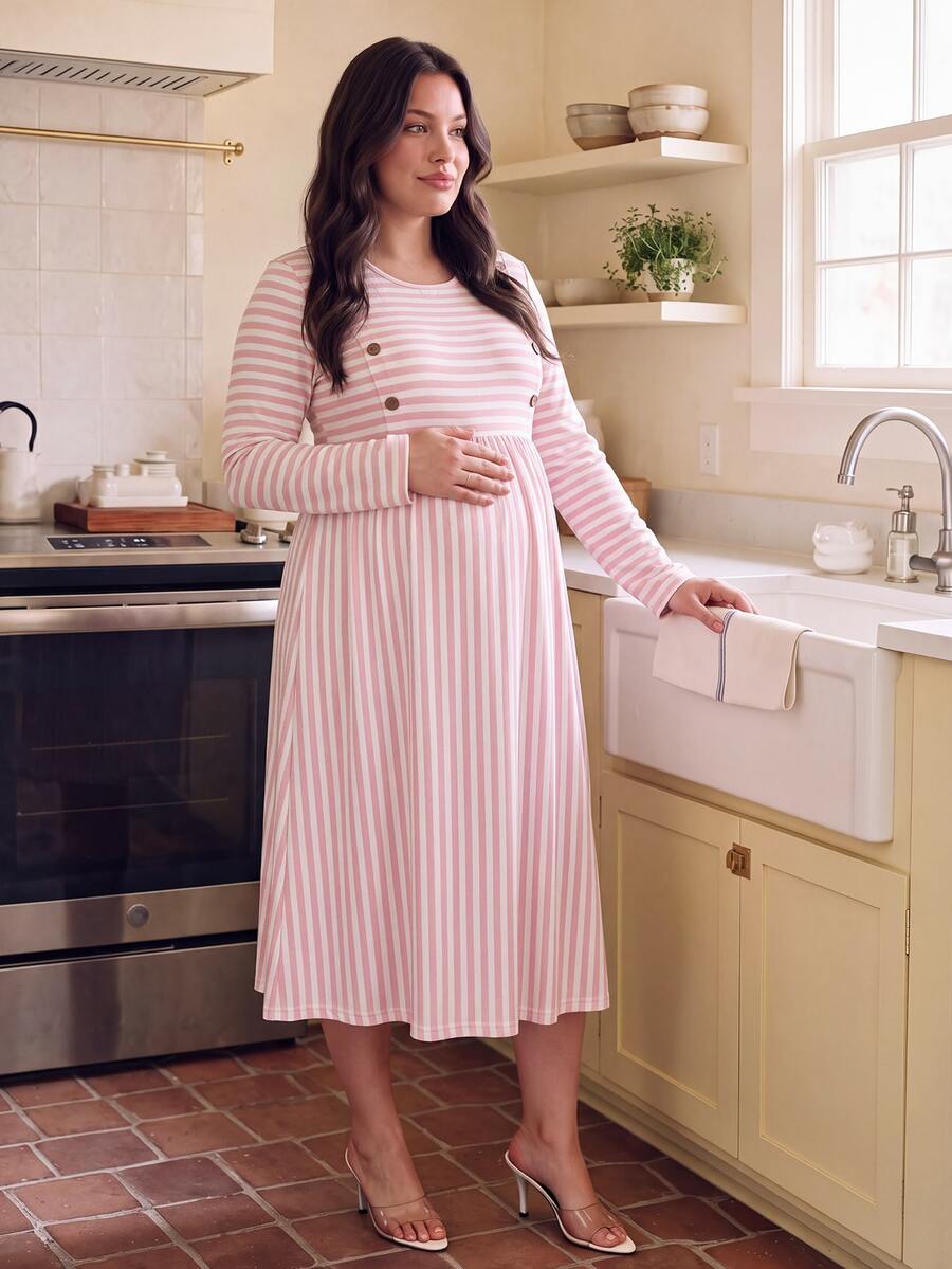 GentleRue Maternity فستان صيفي كاجوال يومي مخطط للنساء الحوامل بمقاسات كبيرة - وردي - مشاهدة 1