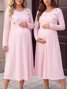 GentleRue Maternity فستان صيفي كاجوال يومي مخطط للنساء الحوامل بمقاسات كبيرة - وردي - مشاهدة 3