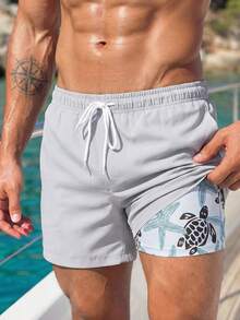 Manfinity Swimmode Men's Sea Turtle Print Drawstring Waist Beach Shorts,White Summer Casual Beach Holiday Holiday Tropical Swim Bathing Board Shorts Streetwear - Light Grey - View 5