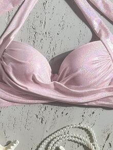 SHEIN Swim Summer Beach Twist Push Up Halter Bikini Top - Pink - View 7