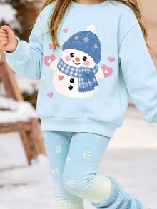 Young Girl Snowflake Print Kids Crew Neck Autumn Winter Sweatshirt And Brushed Leggings 2pcs Set Happy Holiday - Multicolor - View 5