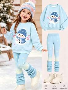 Young Girl Snowflake Print Kids Crew Neck Autumn Winter Sweatshirt And Brushed Leggings 2pcs Set Happy Holiday - Multicolor - View 3