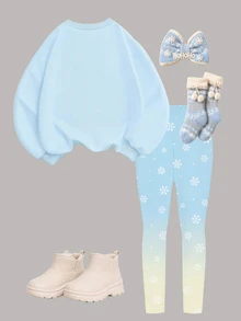 Young Girl Snowflake Print Kids Crew Neck Autumn Winter Sweatshirt And Brushed Leggings 2pcs Set Happy Holiday - Multicolor - View 2