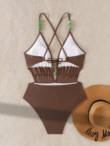 Swim Chiccia 女式纯色细肩带串珠装饰交叉后背系带前串珠连体泳衣 - 咖啡棕 - 查看 4