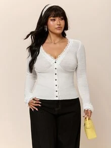 CovetEZ Fall/ Lace Patchwork V-Neck Slim Fit Plus Size Cardigan Sweater Date Night Party Evening Morning Formal White Elegant L'amoure Romantic Celestial - Beige - View 5