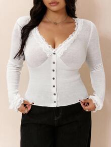 CovetEZ Fall/ Lace Patchwork V-Neck Slim Fit Plus Size Cardigan Sweater Date Night Party Evening Morning Formal White Elegant L'amoure Romantic Celestial - Beige - View 1