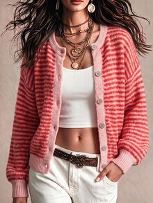 SHEIN Women's New Loose Casual Colorblock Striped Vintage Button Jacket - Watermelon Pink - View 4
