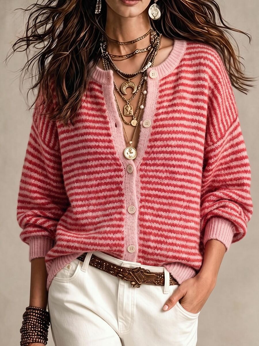 SHEIN جاكيت نسائي جديد فضفاض كاجوال بتصميم ألوان متباينة وخطوط عتيقة مع أزرار - بطيخ وردي اللون - مشاهدة 1