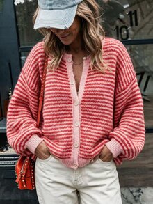SHEIN Women's New Loose Casual Colorblock Striped Vintage Button Jacket - Watermelon Pink - View 3