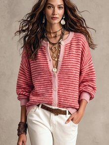 SHEIN Women's New Loose Casual Colorblock Striped Vintage Button Jacket - Watermelon Pink - View 1