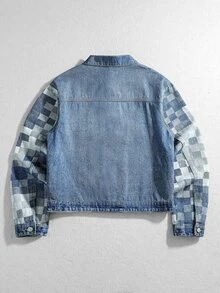 ROMWE MEN Men's Long Sleeve Single-Breasted Casual Checkerboard Loose Denim Jacket - Medium Wash - View 3