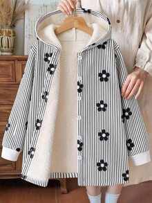 SHEIN 女童連帽加厚抓絨復古學院風可愛花卉中長款秋冬外套，休閒日常校園社團穿著，聖誕黑白配色 - 黑色 - 查看 5