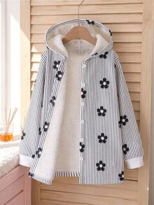 SHEIN 女童連帽加厚抓絨復古學院風可愛花卉中長款秋冬外套，休閒日常校園社團穿著，聖誕黑白配色 - 黑色 - 查看 7