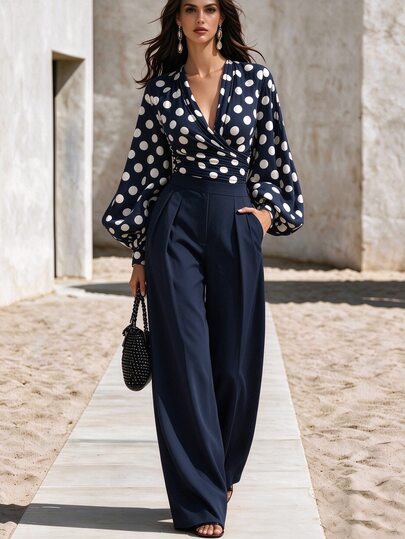 SHEIN Women's Polka-Dot Print Bell-Sleeve Top + Wide-Leg Pants: Elegant Two Pieces Set ,Tea Parties, Blue Set, Fall/Winter 2026 Outfits, Commuter Outfits