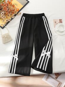 SHEIN Young Girls Pure Black Webbing Bowknot Long Pants, Simple Comfortable Sports Trousers, Casual Athletic For Spring/ Swim - Black - View 3