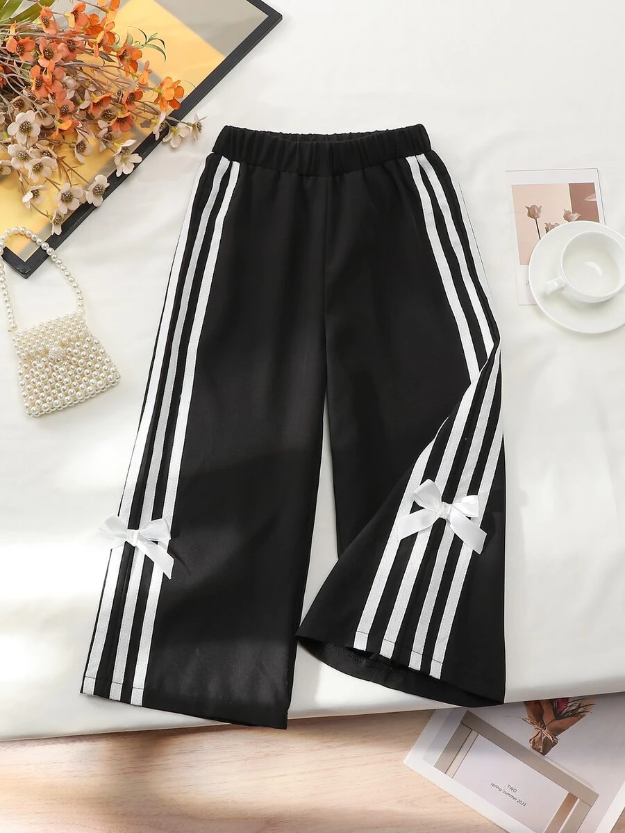 SHEIN Young Girls Pure Black Webbing Bowknot Long Pants, Simple Comfortable Sports Trousers, Casual Athletic For Fall/ Swim - Black - View 1
