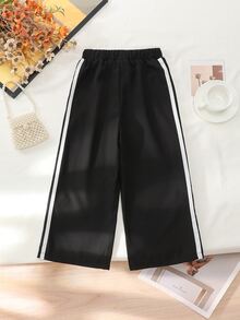 SHEIN Young Girls Pure Black Webbing Bowknot Long Pants, Simple Comfortable Sports Trousers, Casual Athletic For Spring/ Swim - Black - View 2