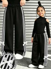 SHEIN Young Girls Pure Black Webbing Bowknot Long Pants, Simple Comfortable Sports Trousers, Casual Athletic For Spring/ Swim - Black - View 1